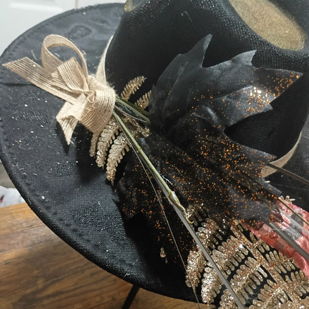 Black Wide Brim Hat with Leaf Accents and Blowtorch Distressed - Picture 3 of 4